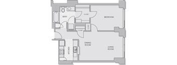 a floor plan of a bedroom apartment with a living room and a dining room