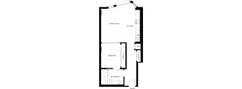 A floor plan of a house with a living room, kitchen, bedroom, bathroom and entry.