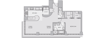 A floor plan of a house with a kitchen, living room, dining room, bedroom, bathroom, and laundry area.