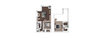 A floor plan of an apartment with a kitchen, living room, and bathroom.