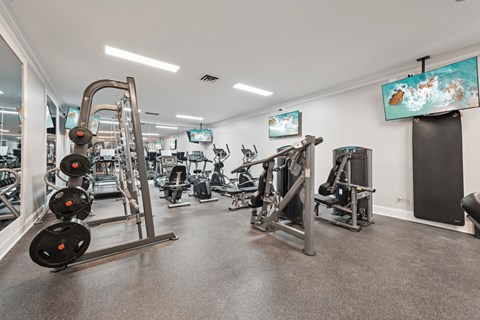 A gym with a variety of equipment including a weight bench, a leg press machine, and a treadmill.