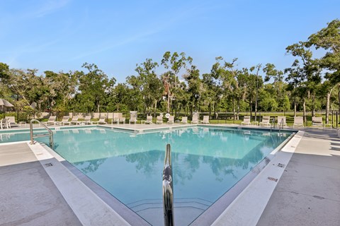 A large swimming pool surrounded by trees and lounge chairs.