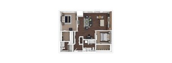 A top-down view of a small apartment layout with a kitchen, living room, and bathroom.