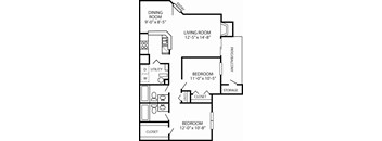 A floor plan of a home with a dining room, living room, two bedrooms, a utility space, and storage.