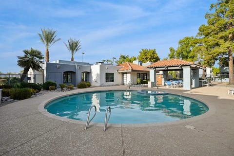 A swimming pool in a backyard with a house and palm trees in the background.