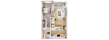 a 3d drawing of a bedroom with a bathroom and a living room