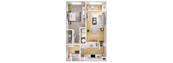 a 3d drawing of a bedroom with a bathroom and a living room