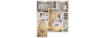 an overhead view of a bedroom floor plan with a kitchen and living room