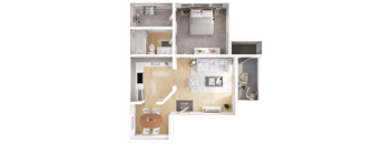 A top-down view of a small apartment layout with a kitchen, living room, and bathroom.