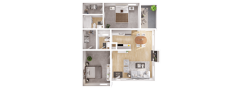 A top-down view of a small apartment layout with a living room, kitchen, and bathroom.