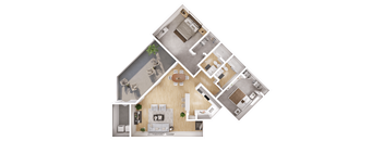 A 3D rendered image of a house layout.