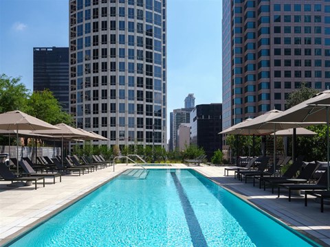 A swimming pool surrounded by lounge chairs and umbrellas with a city skyline in the background.