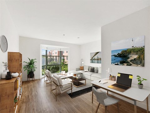 a living room with a couch and a table