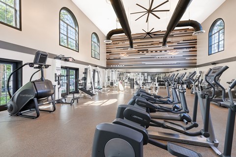 A gym with treadmills and elliptical machines.