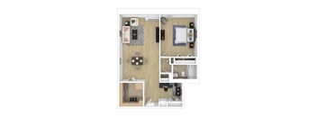 A 3D diagram of a spacious apartment with a kitchen, living room, and bathroom.