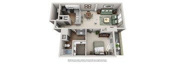 a 3d floor plan with a bedroom and a living room