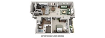 a 3d floor plan with a bedroom and a living room