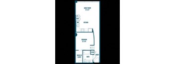 A floor plan of a small apartment with a kitchen, one bedroom and one great room.