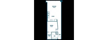 A floor plan of a small apartment with a bedroom, kitchen, and bathroom.