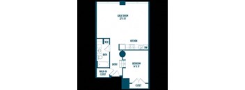 A floor plan of a small apartment with a bedroom, bathroom, and kitchen.
