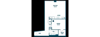 A floor plan of a small apartment with a kitchen, bathroom, and bedroom.