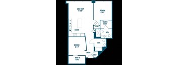 A floor plan of a home with a kitchen, two bathrooms, and three bedrooms.