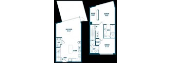 A floor plan of a house with two bedrooms, a great room, a kitchen, and a walk-in closet.