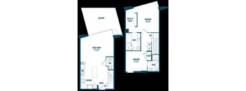 A blueprint shows the layout of a house with two bedrooms, a great room, a kitchen, and a balcony.
