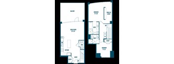 A floor plan of a two-bedroom apartment with a balcony and a kitchen.