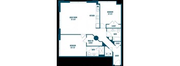 A floor plan of a house with a great room, kitchen, two bedrooms, and a walk-in closet.