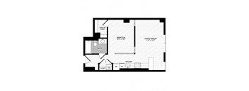a floor plan of a studio apartment with a bedroom and a living room