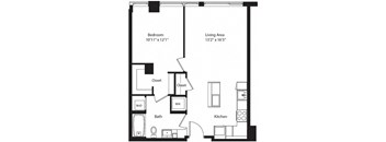 the floor plan of a small apartment with a bedroom and a living room