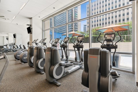 A gym with treadmills and a view of the city.
