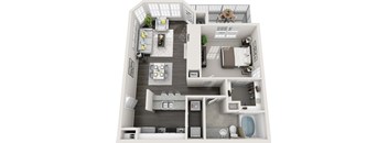 A top-down view of a modern apartment layout with a kitchen, living room, bedrooms, and bathrooms.