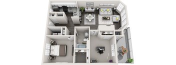 A top-down view of a modern apartment layout with a living room, kitchen, and bedrooms.