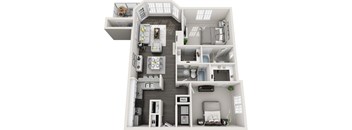 A 3D floor plan of a small apartment with a kitchen, living room, bedroom, and bathroom.