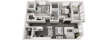 A 3D floor plan of an apartment with multiple rooms and furniture.