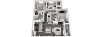 A 3D floor plan of an apartment with a living room, kitchen, and bedrooms.