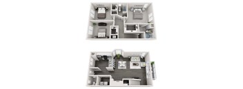 A floor plan of a two-bedroom apartment with a kitchen and living room.