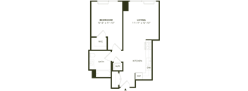 A floor plan of a small apartment with a bedroom, living room, kitchen, bathroom, and a workspace.