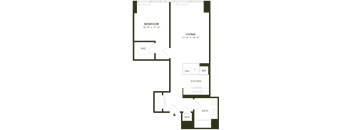 A floor plan of a bedroom, living room, kitchen, and bathroom.