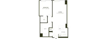 A floor plan of a room with a bedroom, living room, bathroom, kitchen, and a workspace.