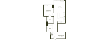 A floor plan of a home with a living room, bedroom, bathroom, kitchen, and home office.