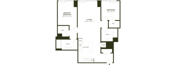 A floor plan of a house with a primary bedroom, a living room, a kitchen, a bathroom, and a workspace.