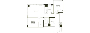A floor plan of a house with a living room, two bedrooms, a kitchen, a bathroom, and a workspace.