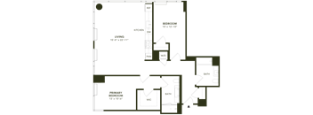 A floor plan of a house with a living room, kitchen, two bedrooms, and a bathroom.