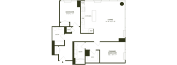 A floor plan of a living space with a bedroom, bathroom, and primary bedroom.