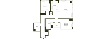 A floor plan of a house with a living room, two bedrooms, a kitchen, a bathroom, and a laundry room.