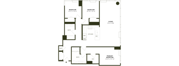 A floor plan of a house with four bedrooms, a living room, a kitchen, a dining room, a bathroom, a laundry room, and a workshop.