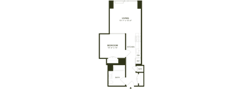 A floor plan of a living space with a bedroom and bathroom.